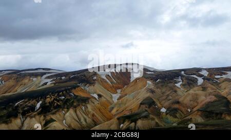 Le montagne dipinte di Landmannalaugar sotto le nuvole di tempesta Foto Stock