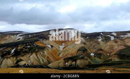 Le montagne dipinte di Landmannalaugar sotto le nuvole di tempesta Foto Stock