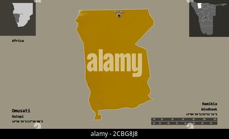 Forma di Omusati, regione della Namibia, e la sua capitale. Scala della distanza, anteprime ed etichette. Mappa di rilievo topografico. Rendering 3D Foto Stock