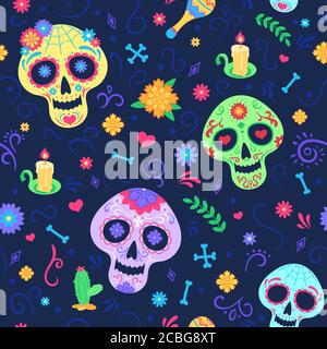 Schema dia de los muertos. Simboli di festa del giorno morto, teschi e fiori, candela e maracas. Texture vettoriale senza giunture colorate messicane Illustrazione Vettoriale