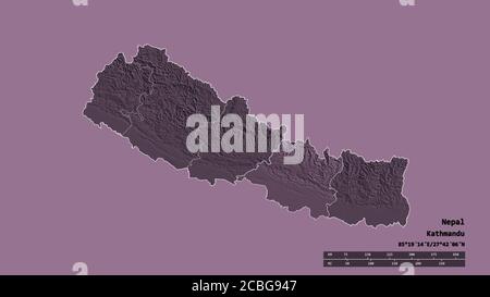 Forma desaturata del Nepal con la sua capitale, la principale divisione regionale e l'area centrale separata. Etichette. Mappa di elevazione colorata. Rendering 3D Foto Stock