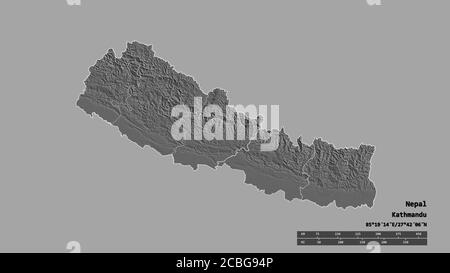 Forma desaturata del Nepal con la sua capitale, la principale divisione regionale e l'area centrale separata. Etichette. Mappa elevazione bilivello. Rendering 3D Foto Stock