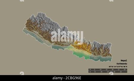 Forma desaturata del Nepal con la sua capitale, la principale divisione regionale e l'area centrale separata. Etichette. Mappa di rilievo topografico. Rendering 3D Foto Stock