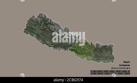 Forma desaturata del Nepal con la sua capitale, la principale divisione regionale e l'area centrale separata. Etichette. Immagini satellitari. Rendering 3D Foto Stock