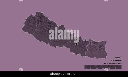 Forma desaturata del Nepal con la sua capitale, la principale divisione regionale e la zona orientale separata. Etichette. Mappa di elevazione colorata. Rendering 3D Foto Stock