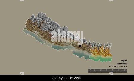 Forma desaturata del Nepal con la sua capitale, la principale divisione regionale e la zona orientale separata. Etichette. Mappa di rilievo topografico. Rendering 3D Foto Stock