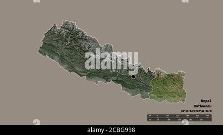 Forma desaturata del Nepal con la sua capitale, la principale divisione regionale e la zona orientale separata. Etichette. Immagini satellitari. Rendering 3D Foto Stock