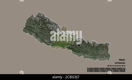 Forma desaturata del Nepal con la sua capitale, la principale divisione regionale e la zona occidentale separata. Etichette. Immagini satellitari. Rendering 3D Foto Stock