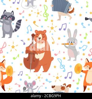 Musici animali modello senza giunture. Divertenti animals musicisti suonano diversi strumenti musicali carta da parati, wrapping o texture vettoriale tessile Illustrazione Vettoriale