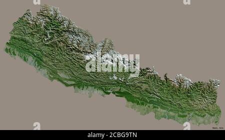 Forma del Nepal con la sua capitale isolata su uno sfondo di colore pieno. Immagini satellitari. Rendering 3D Foto Stock