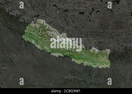 Forma del Nepal separata dalla desaturazione delle aree limitrofe. Immagini satellitari. Rendering 3D Foto Stock