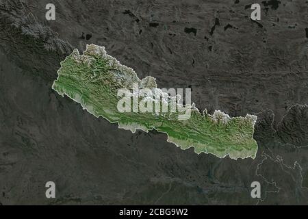 Forma del Nepal separata dalla desaturazione delle aree limitrofe. Bordi. Immagini satellitari. Rendering 3D Foto Stock