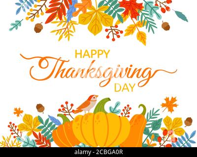 Giorno del ringraziamento. Copertina happy Thanksgiving disegnata a mano con scritte ed elementi di vacanza cadono foglie gialle e bacche vettore sfondo Illustrazione Vettoriale