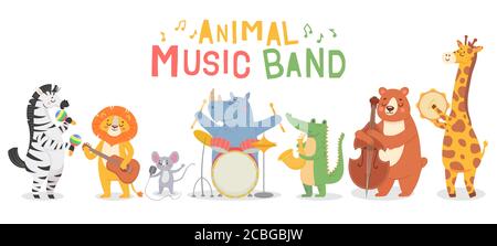 Personaggi di musicisti animali. Gli animali divertenti suonano strumenti musicali, musicisti con chitarra, sax e maracas, violino bambini cartoon set vettoriale Illustrazione Vettoriale