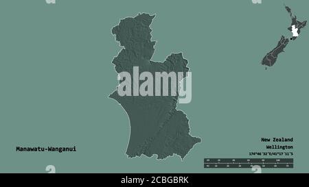 Forma di Manawatu-Wanganui, consiglio regionale della Nuova Zelanda, con la sua capitale isolata su solido sfondo. Scala della distanza, anteprima della regione ed etichette. Foto Stock