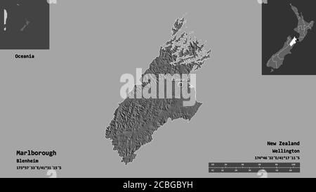 Forma di Marlborough, autorità unitaria della Nuova Zelanda, e la sua capitale. Scala della distanza, anteprime ed etichette. Mappa elevazione bilivello. Rendering 3D Foto Stock