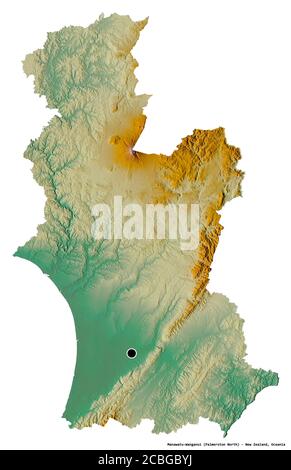 Forma di Manawatu-Wanganui, consiglio regionale della Nuova Zelanda, con la sua capitale isolata su sfondo bianco. Mappa di rilievo topografico. Rendering 3D Foto Stock