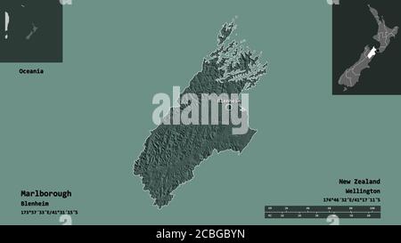 Forma di Marlborough, autorità unitaria della Nuova Zelanda, e la sua capitale. Scala della distanza, anteprime ed etichette. Mappa di elevazione colorata. Rendering 3D Foto Stock