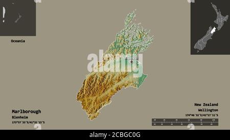 Forma di Marlborough, autorità unitaria della Nuova Zelanda, e la sua capitale. Scala della distanza, anteprime ed etichette. Mappa di rilievo topografico. Rendering 3D Foto Stock