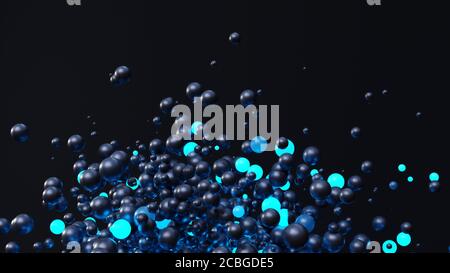palline blu incandescenti 3d galleggianti in spazi bui, illustrazione 3d Foto Stock