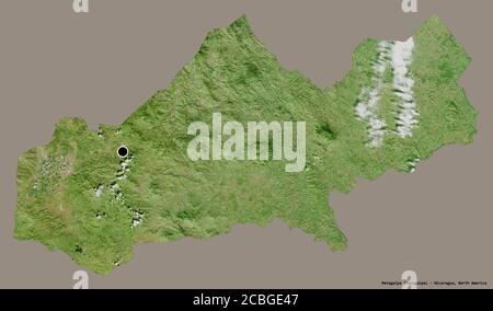 Forma di Matagalpa, dipartimento del Nicaragua, con la sua capitale isolata su uno sfondo di colore pieno. Immagini satellitari. Rendering 3D Foto Stock