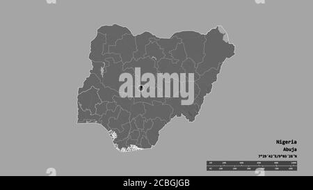 Forma desaturata della Nigeria con la sua capitale, la principale divisione regionale e l'area separata di Oyo. Etichette. Mappa elevazione bilivello. Rendering 3D Foto Stock