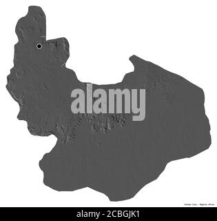 Forma di Plateau, stato della Nigeria, con la sua capitale isolata su sfondo bianco. Mappa elevazione bilivello. Rendering 3D Foto Stock