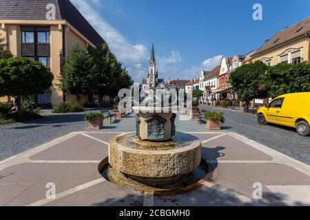 Fontana sulla piazza principale di Koszeg, Ungheria in una giornata estiva con la chiesa del Sacro cuore sullo sfondo. Foto Stock