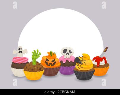 Halloween sfondo con sei divertenti cupcakes isolato su sfondo bianco. Spazio vuoto nella parte superiore, perfetto per aggiungere il tuo testo. Illustrazione vettoriale Illustrazione Vettoriale