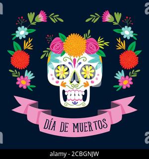 Scheda "Dia de los Muertos" (giorno del morto) con testo spagnolo. Cranio di zucchero messicano con decorazione floreale. Illustrazione vettoriale. Illustrazione Vettoriale