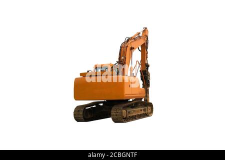 Escavatore cingolato con piattaforma rotante e cingolo caterpillar continuo isolato su sfondo bianco. Vista posteriore Foto Stock