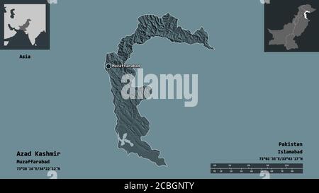 Forma di Azad Kashmir, area amministrata a livello centrale del Pakistan, e la sua capitale. Scala della distanza, anteprime ed etichette. Mappa di elevazione colorata. Rendering 3D Foto Stock