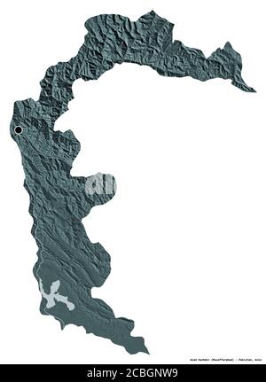 Forma di Azad Kashmir, area amministrata centralmente del Pakistan, con la sua capitale isolata su sfondo bianco. Mappa di elevazione colorata. Rendering 3D Foto Stock