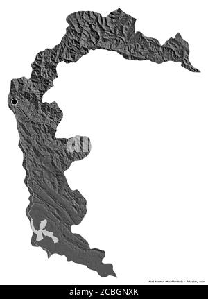 Forma di Azad Kashmir, area amministrata centralmente del Pakistan, con la sua capitale isolata su sfondo bianco. Mappa elevazione bilivello. Rendering 3D Foto Stock