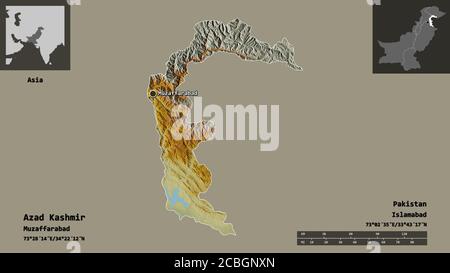 Forma di Azad Kashmir, area amministrata a livello centrale del Pakistan, e la sua capitale. Scala della distanza, anteprime ed etichette. Mappa di rilievo topografico. rendering 3D Foto Stock