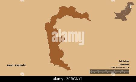 Forma di Azad Kashmir, area del Pakistan amministrata a livello centrale, con la sua capitale isolata su solido sfondo. Scala della distanza, anteprima della regione e etichetta Foto Stock