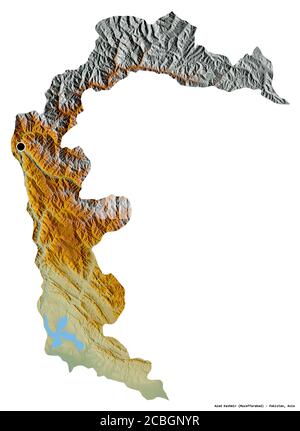 Forma di Azad Kashmir, area amministrata centralmente del Pakistan, con la sua capitale isolata su sfondo bianco. Mappa di rilievo topografico. Rendering 3D Foto Stock