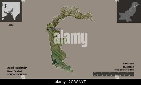 Forma di Azad Kashmir, area amministrata a livello centrale del Pakistan, e la sua capitale. Scala della distanza, anteprime ed etichette. Immagini satellitari. Rendering 3D Foto Stock