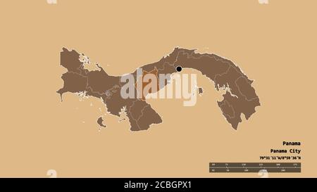 Forma desaturata di Panama con la sua capitale, la principale divisione regionale e l'area separata del Coclé. Etichette. Composizione di texture regolarmente modellate Foto Stock