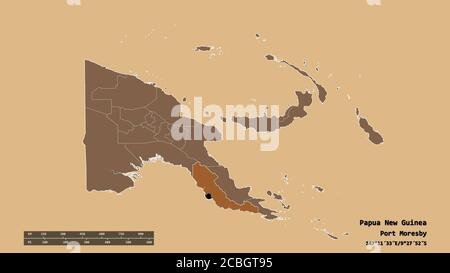 Forma desaturata della Papua Nuova Guinea con la sua capitale, la principale divisione regionale e l'area centrale separata. Etichette. Composizione di regolarmente pattugliatore Foto Stock