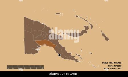 Forma desaturata della Papua Nuova Guinea con la sua capitale, la principale divisione regionale e la zona del Golfo separata. Etichette. Composizione di regolarmente modellato Foto Stock