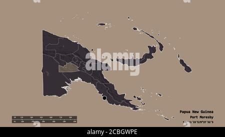 Forma desaturata della Papua Nuova Guinea con la sua capitale, la principale divisione regionale e l'area separata delle Highlands meridionali. Etichette. Elevazione ma colorata Foto Stock