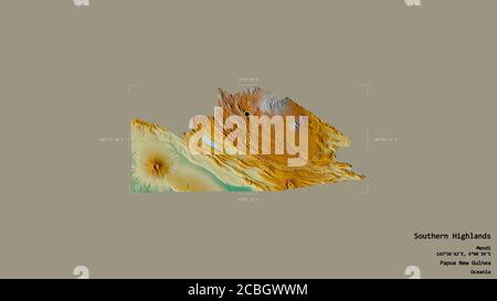 Area delle Highlands meridionali, provincia di Papua Nuova Guinea, isolata su uno sfondo solido in una scatola di delimitazione georeferenziata. Etichette. Rilievo topografico m Foto Stock
