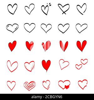Set di icone della forma del cuore del vettore Doodle. Raccolta di cuori disegnati a mano su sfondo bianco. Illustrazione Vettoriale