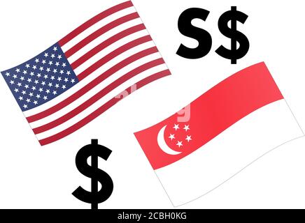 Illustrazione del vettore della coppia di valute forex USDSGD. Bandiera americana e Singapore, con simbolo del dollaro. Illustrazione Vettoriale