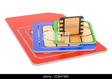 Impostare le schede SIM per i dispositivi mobili con chip, rendering 3D isolato su sfondo bianco Foto Stock