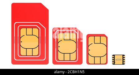 Schede eSIM, nano, micro e mini sim. Moderna tecnologia di comunicazione cellulare mobile con chip, rendering 3D isolato su sfondo bianco Foto Stock