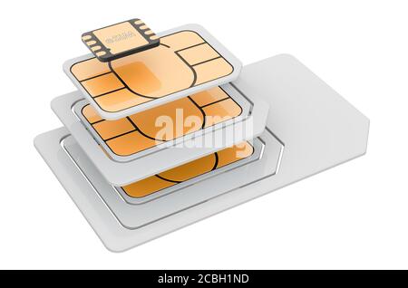 Schede eSIM, nano, micro e mini sim, rendering 3D isolato su sfondo bianco Foto Stock