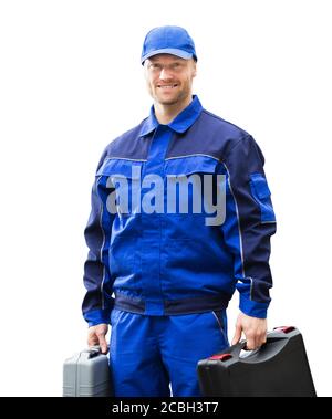 Isolato Happy Trademan Construction Worker Man in generale Foto Stock
