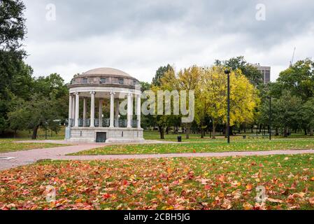 Parco pubblico desertato con un chiosco e prati coperti caduta di lievito in un giorno nuvoloso d'autunno Foto Stock